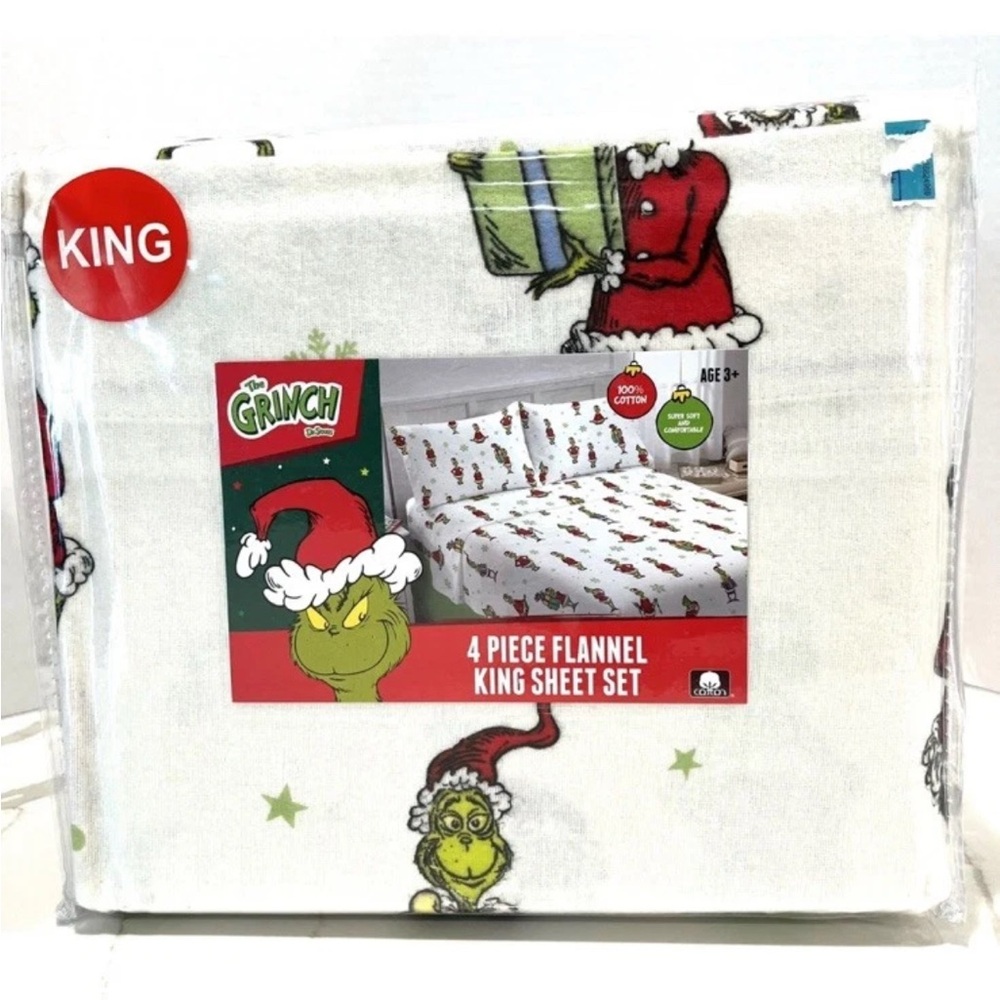 Dr. Seuss The Grinch Cindy Lou Who 4 Pc Flannel King Sheet Set 100% Cotton New